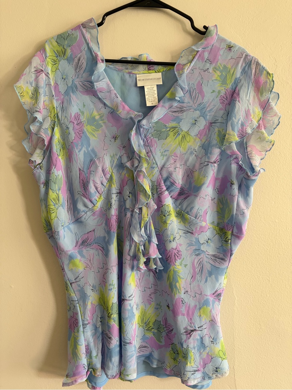 Silk Vintage Pastel Floral V-Neck Bias Cut Blouse with Ruffles